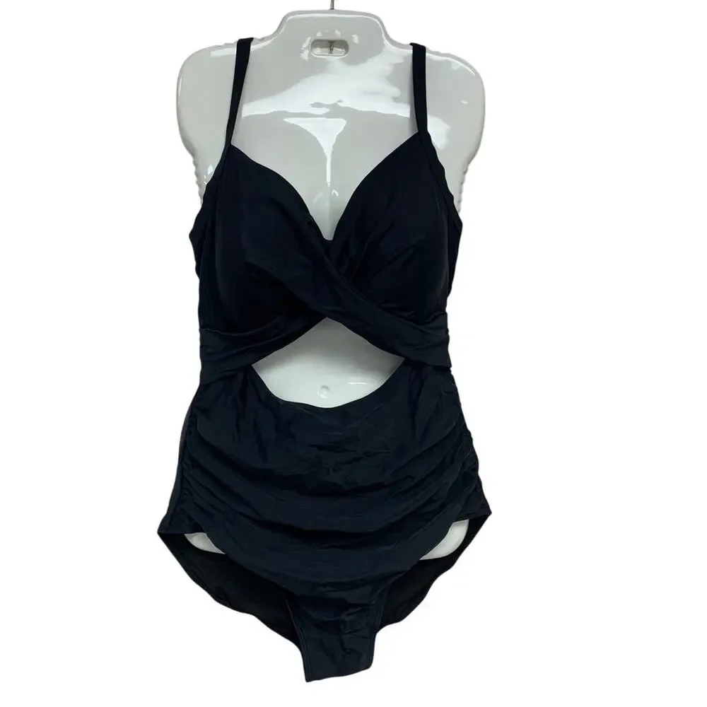 Womens Medium Black Keyhole Thin Strap Back Tie Padded One Piece Swimsuit